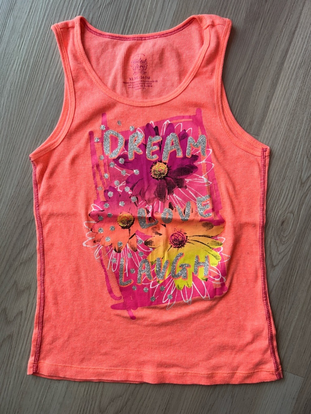 Glitter DREAM LOVE LAUGH Tank Top XL Coral NWOT Ribbed Glam Girly Floral